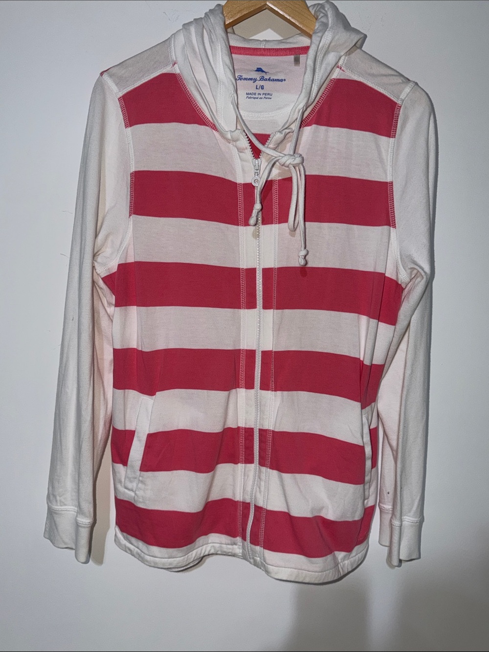 Tommy Bahama woman’s rugby striped  White and pink Striped Zip Hoodie large